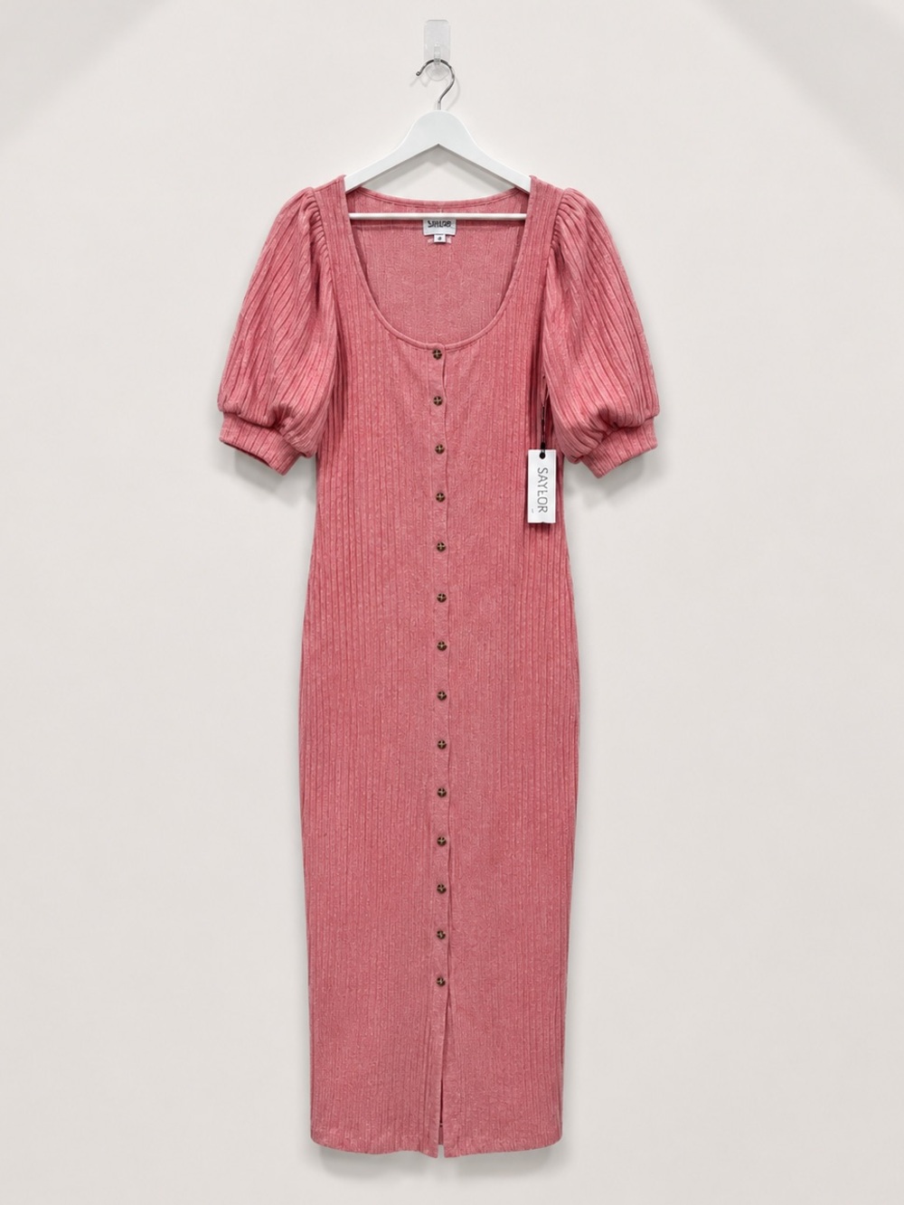 NWT Saylor Malavika Pink Rib Knit Puff Sleeve Midi Dress Medium